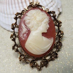 Vintage bronze colored cameo pin brooch